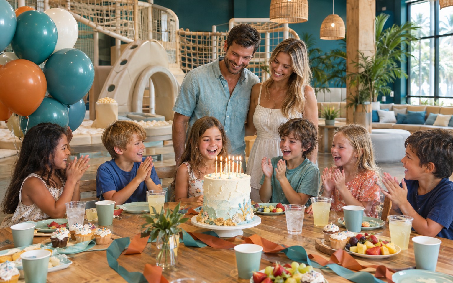 Concept photograph of a children’s birthday party at a long oak table beside the family play zone, with kids clapping around a candlelit cake and teal, cream and orange balloons