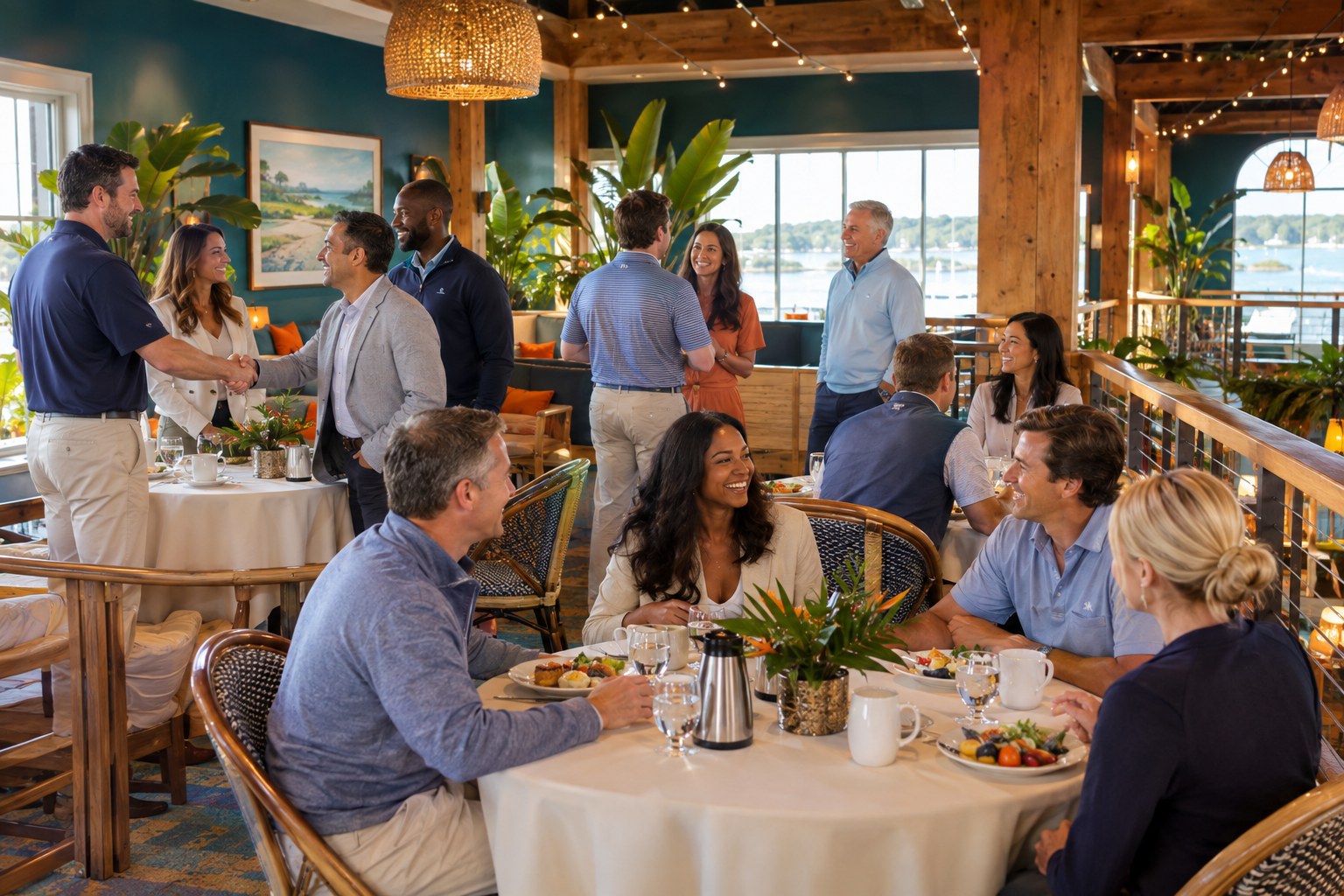 Concept photograph of the upstairs event room set for a corporate gathering, with professionals in business-casual and golf apparel talking and laughing around linen-covered round tables beneath oak beams and string lights, beside the balcony railing