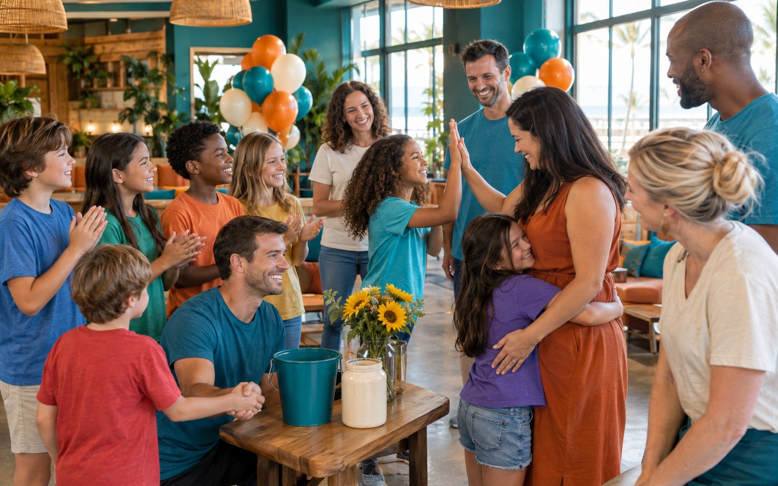 Concept photograph of a group of children clapping and thanking adult volunteers at a community fundraiser, with a collection bucket and sunflowers on an oak table
