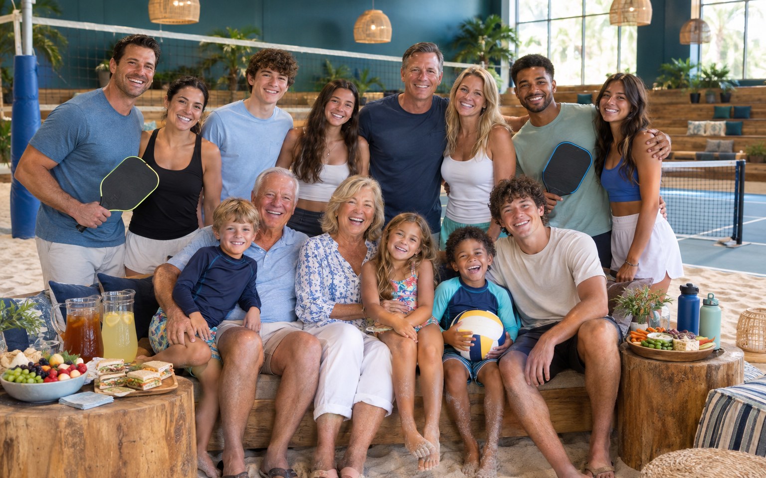 Concept photograph of a four-generation family reunion gathered courtside on oak bench seating beside the indoor sand and pickleball courts