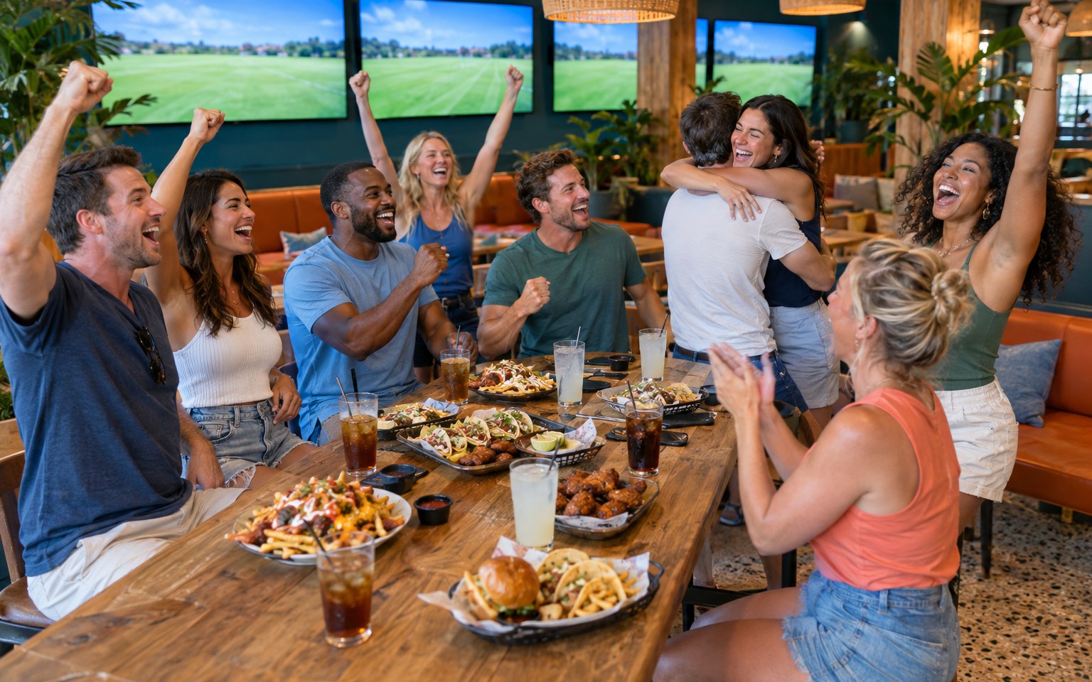 Concept photograph of friends on their feet cheering around a long oak communal table in the main social hall, with a wall of screens behind them