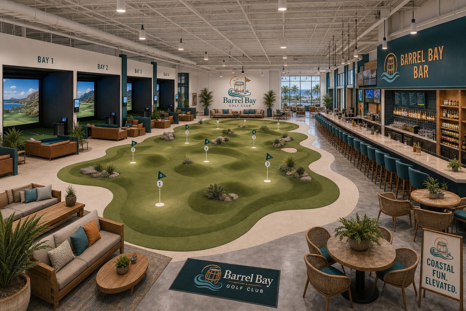 Concept rendering of a themed indoor putting course with simulator bays and lounge seating