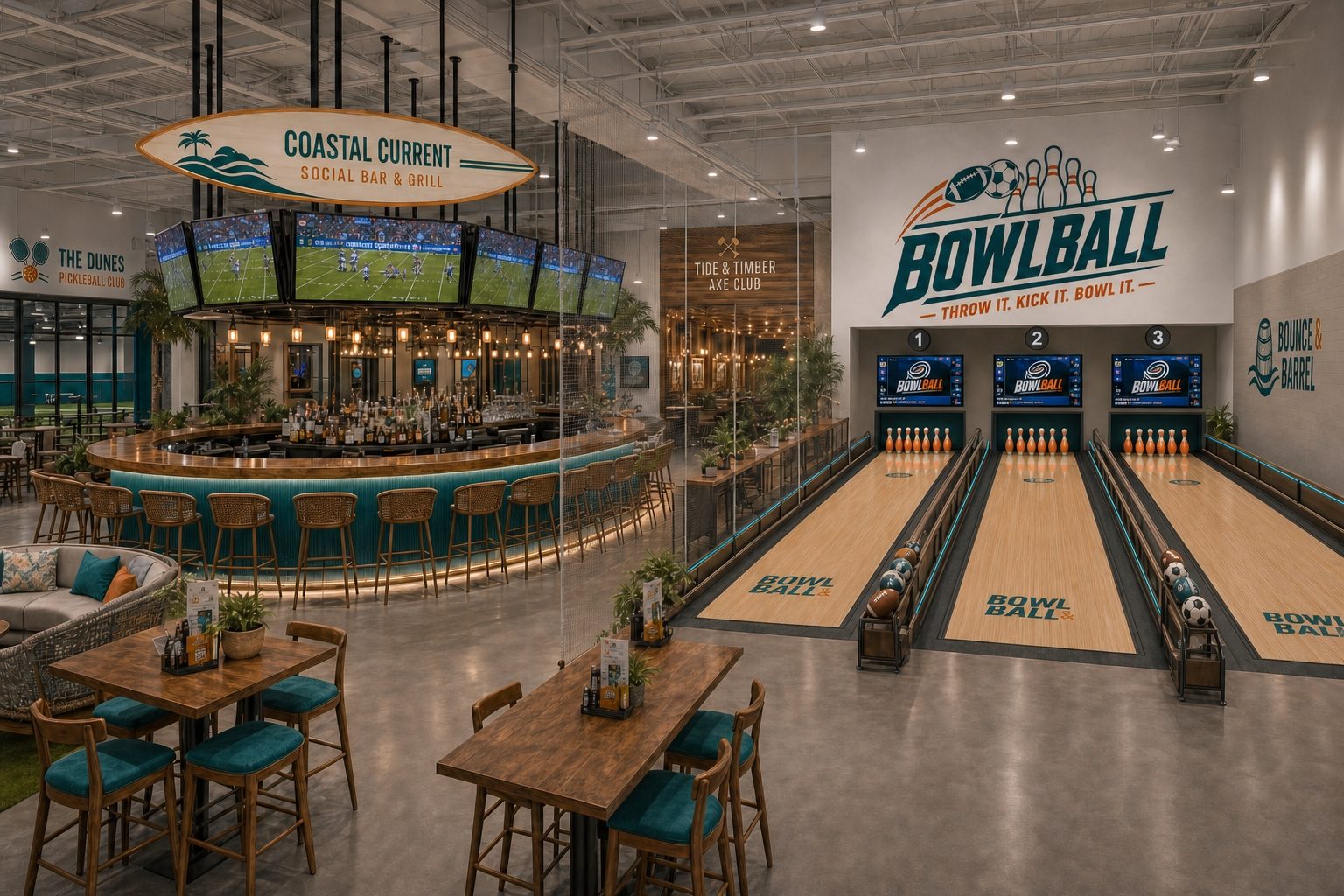 Concept rendering of lanes and a central bar inside the planned Bounce & Barrel venue