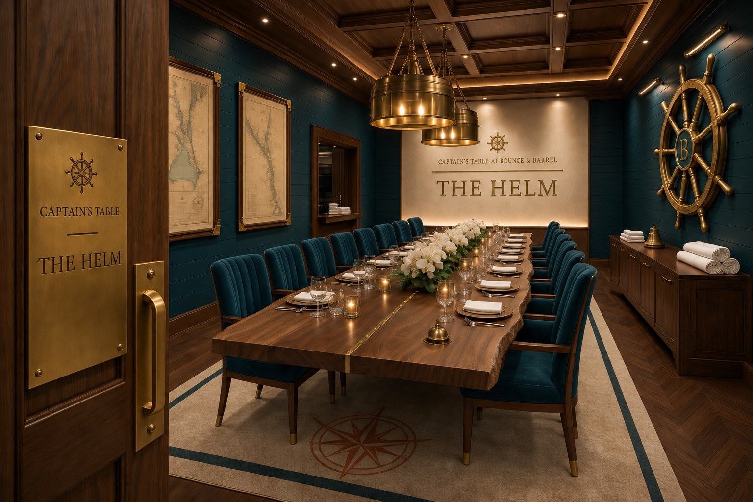 Concept rendering of The Helm private dining room — a long live-edge walnut table with teal velvet chairs, brass barrel pendant lights, antique nautical charts, and a brass ship’s wheel on a deep teal wall