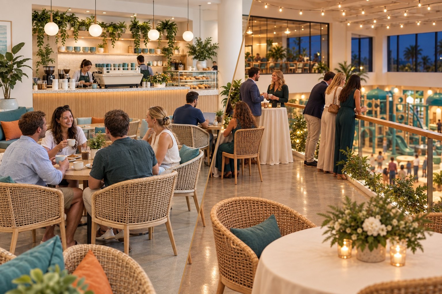 Split concept rendering of the same upstairs room in two modes — on the left, daytime coffee service with rattan chairs, an oak espresso bar and guests at the balcony railing; on the right, the room set for an evening private event with linen-draped round tables, floral centerpieces, candles and string lights