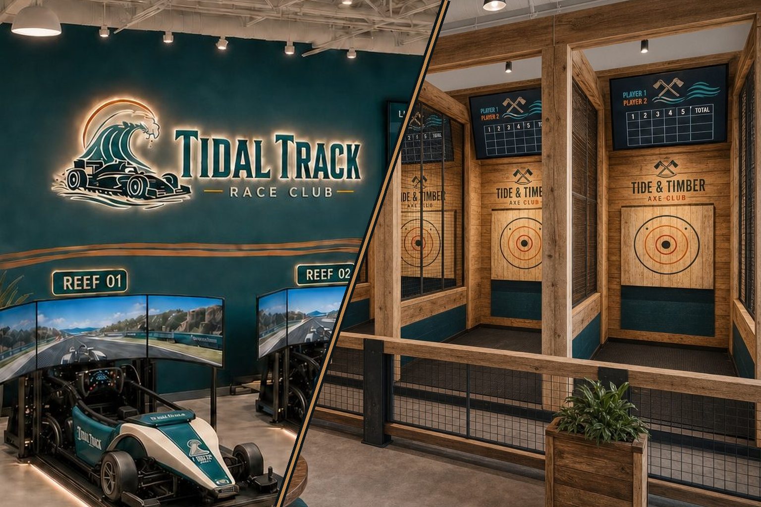 Split concept rendering showing the Tidal Track Race Club racing simulators alongside the Tide & Timber Axe Club throwing lanes