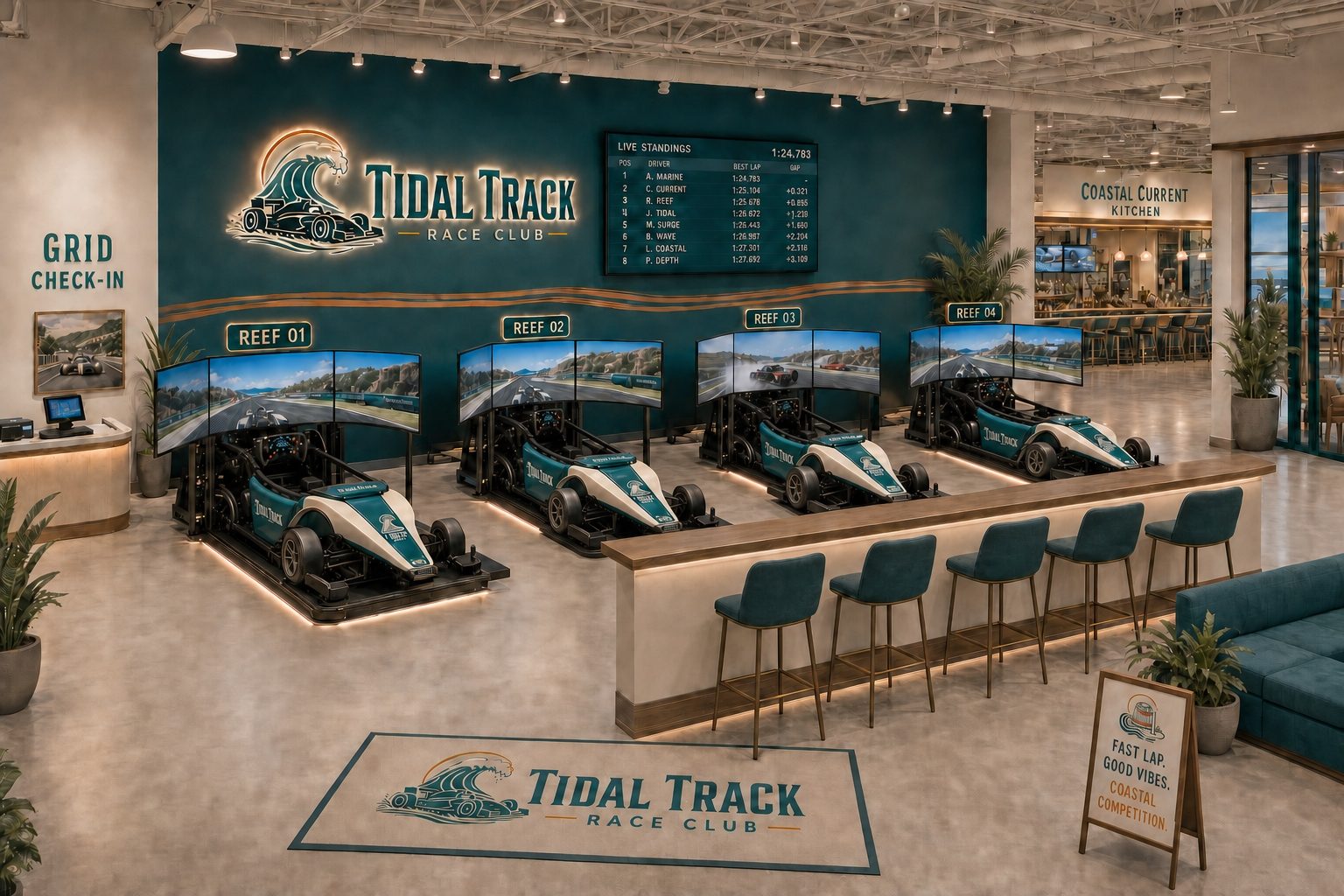 Concept rendering of four formula-style racing simulators beneath a live standings screen with bar seating alongside