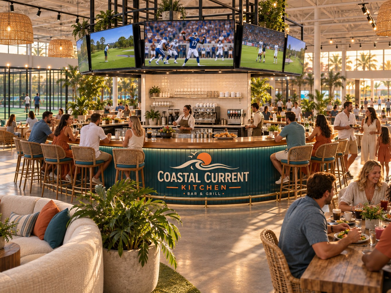 Concept rendering of the planned Bounce & Barrel interior — guests seated around a large curved Coastal Current Kitchen bar with a deep teal front and screens overhead, lounge and communal dining seating in the foreground, and indoor courts and open seating beyond