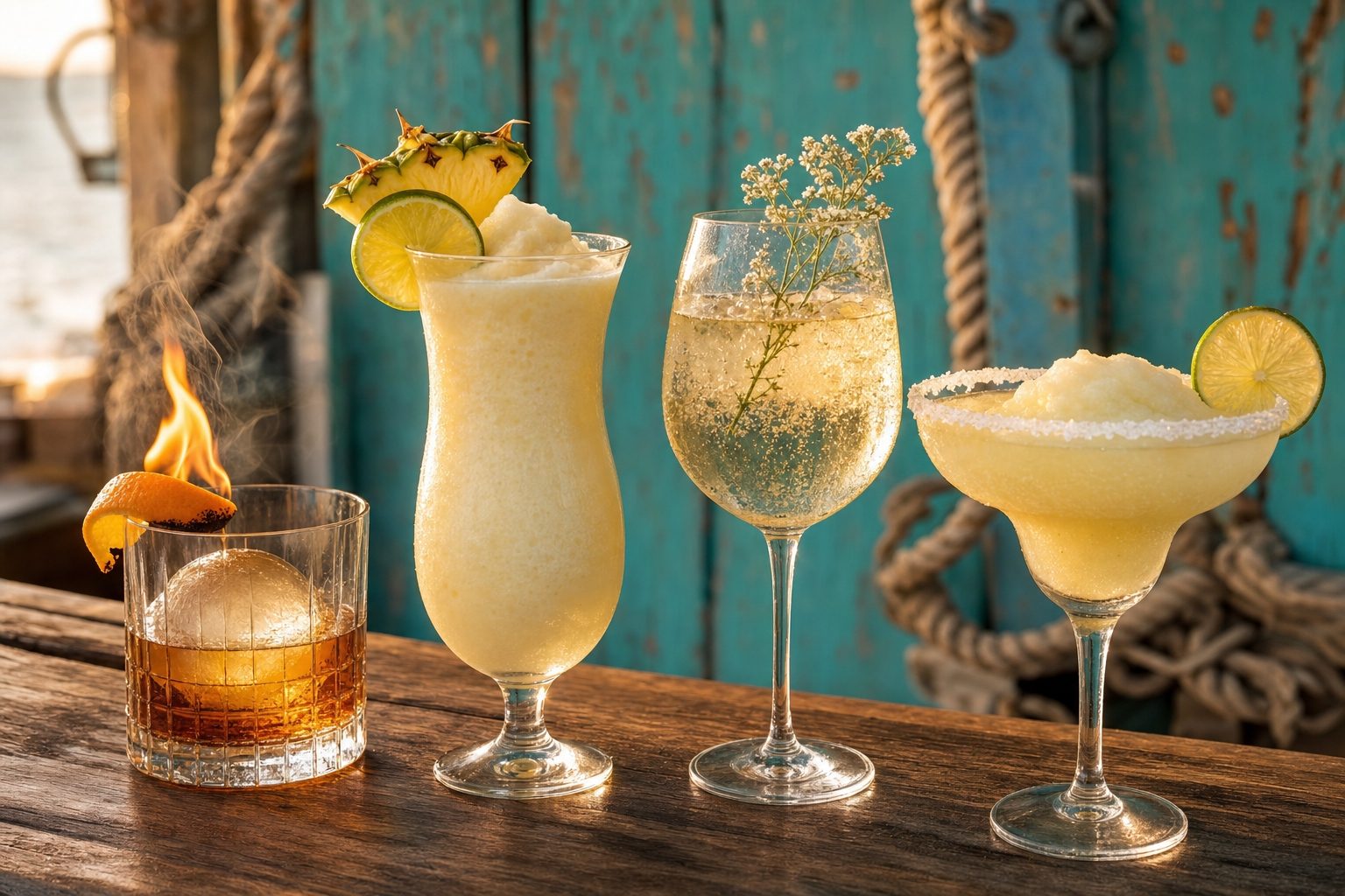 Concept photography of four mixed drinks lined up on a weathered bar top