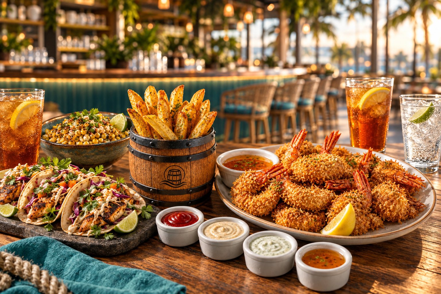 A shared table of coastal-American plates — barrel-served fries, coconut shrimp, blackened fish tacos, and dipping sauces — in front of the Coastal Current Kitchen bar