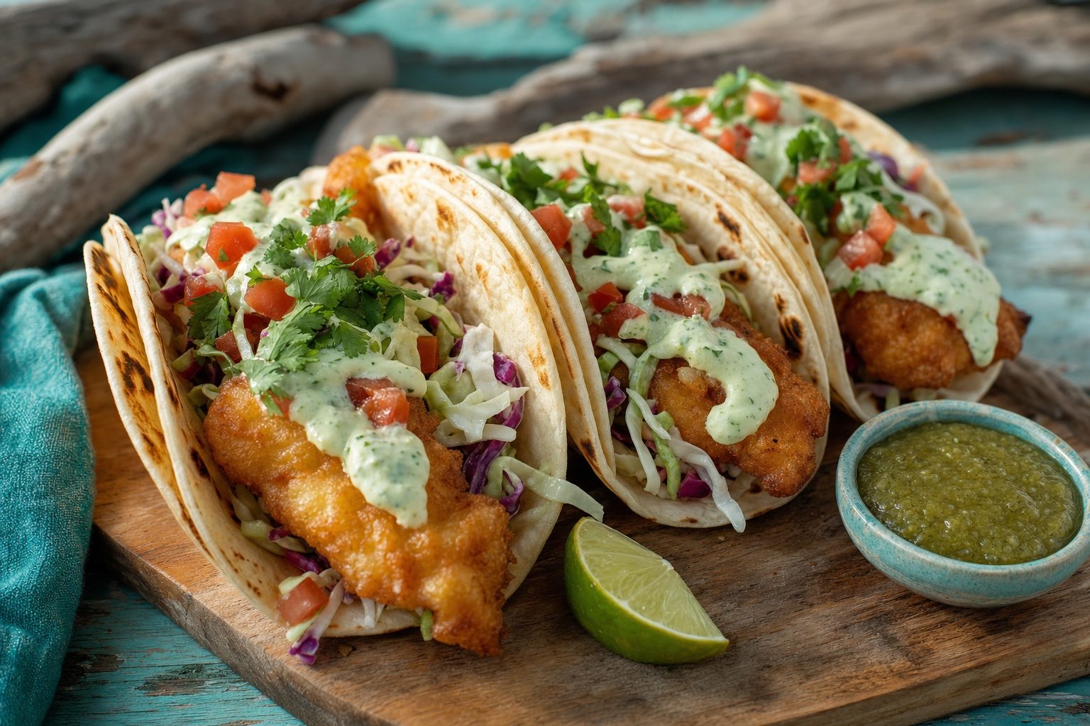 Concept photography of three crispy fish tacos with slaw, crema, and salsa verde on a wooden board