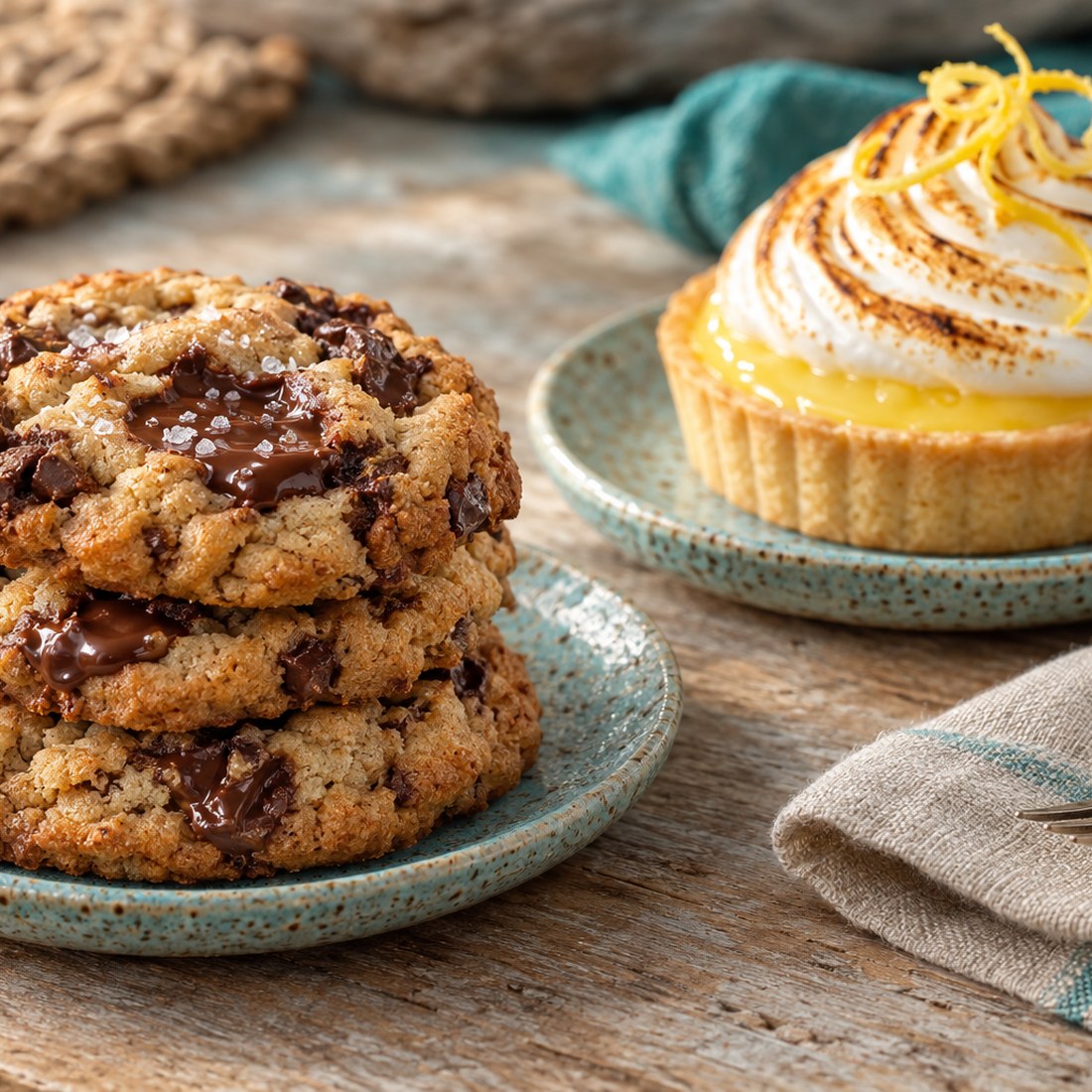 Concept photography of a stack of soft-baked chocolate chip cookies beside a lemon tart with torched meringue