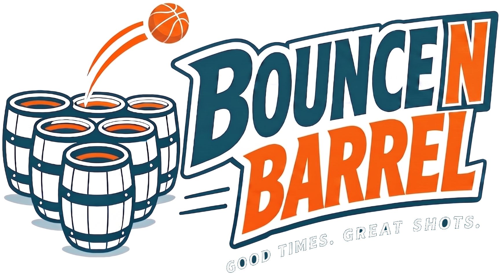 Bounce n Barrel game logo — a ball arcing over a stacked rack of barrels